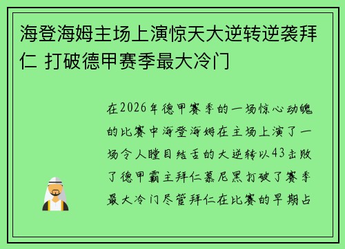 海登海姆主场上演惊天大逆转逆袭拜仁 打破德甲赛季最大冷门