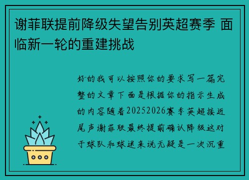 谢菲联提前降级失望告别英超赛季 面临新一轮的重建挑战