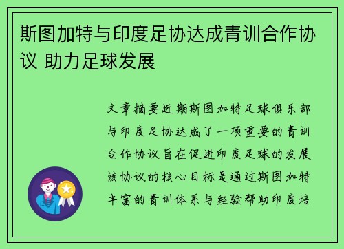 斯图加特与印度足协达成青训合作协议 助力足球发展